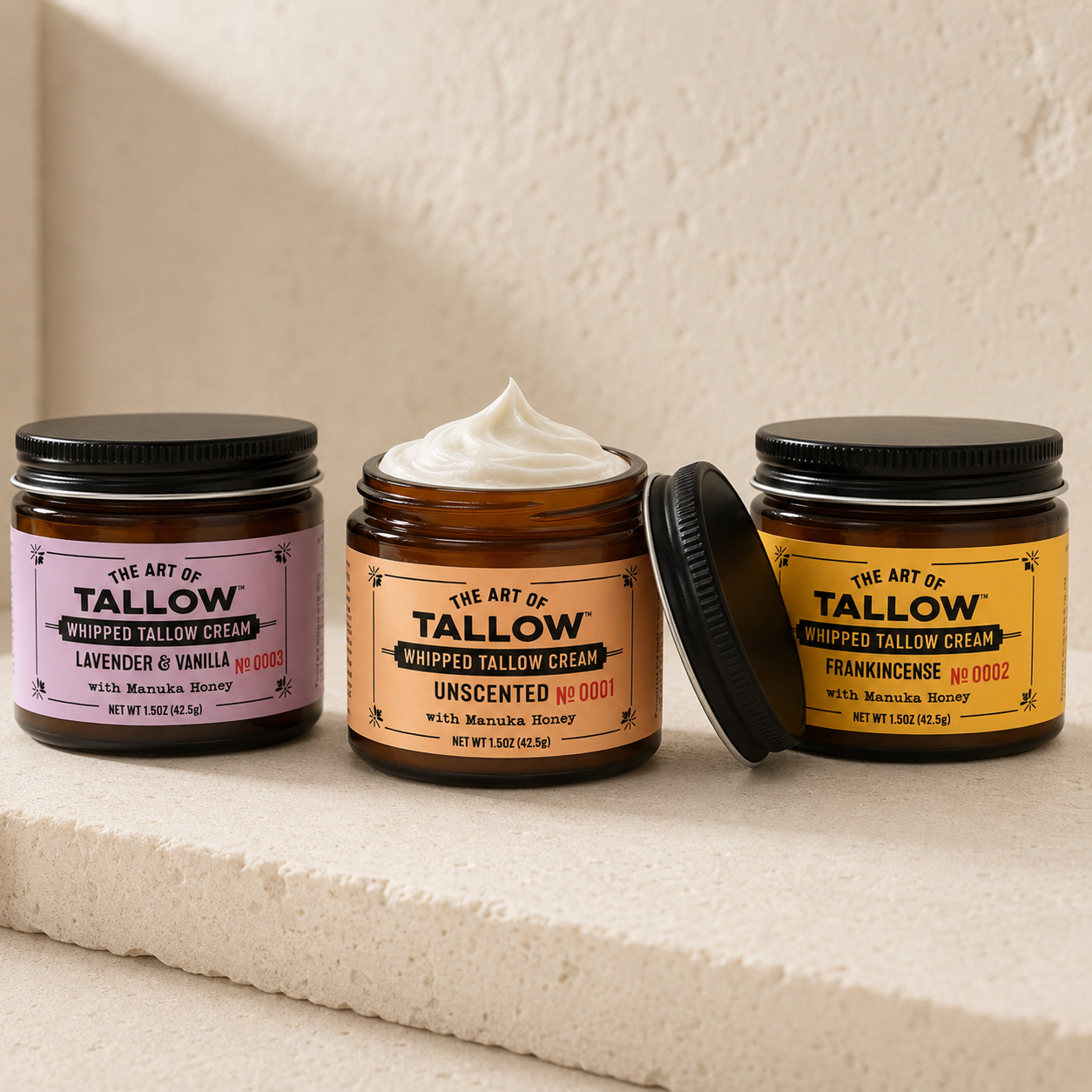 The Trio — all three whipped tallow cream blends: Lavender Vanilla, Unscented, and Frankincense