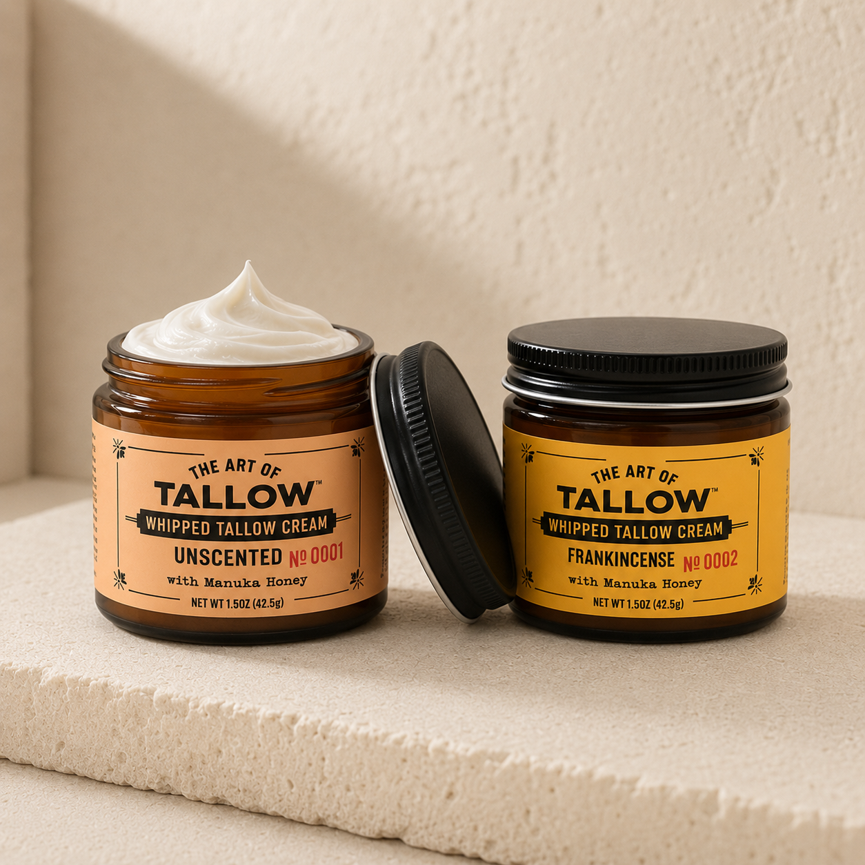 The Pair — two whipped tallow cream jars: Unscented and Frankincense